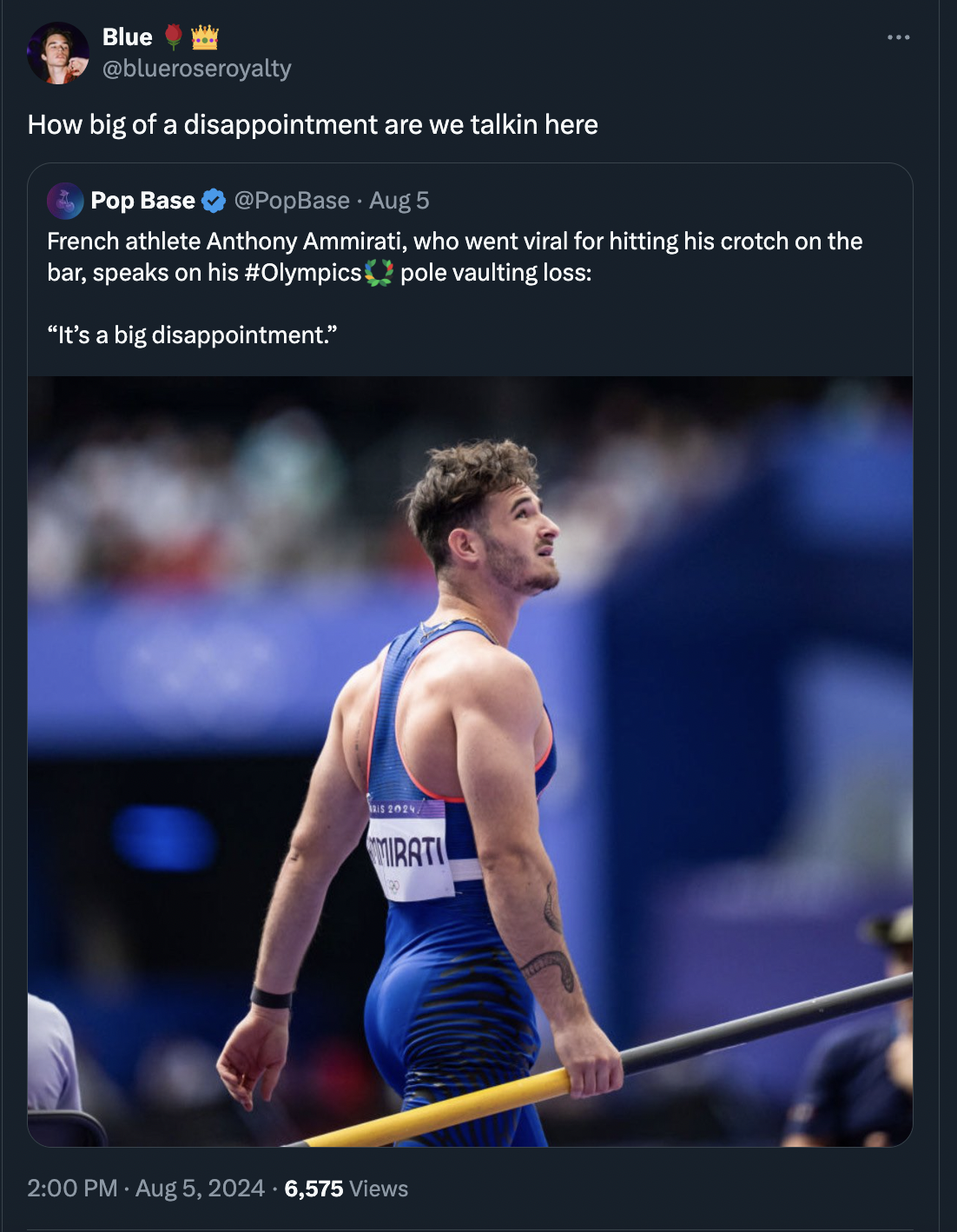 Anthony Ammirati - Blue How big of a disappointment are we talkin here Pop Base PopBase Aug 5 French athlete Anthony Ammirati, who went viral for hitting his crotch on the bar, speaks on his pole vaulting loss "It's a big disappointment." Irati 6,575 view